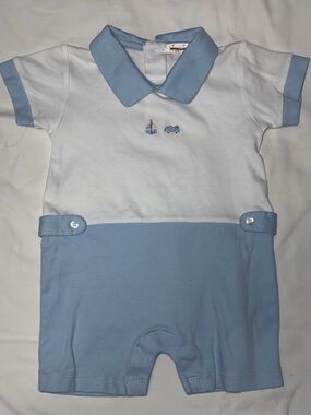 Kissy Kissy pale blue and white romper w/sweet appliqués sz 9 months EUC